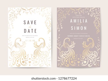 Wedding invitation and Card with Luxury Floral and Peacock feathers vector illustration. 