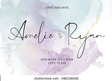 Wedding invitation card with Luxury gold and blue violet marble texture background and ocean style design template. Abstract vector