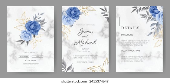 Wedding invitation card with marble background. Rose color in navy blue. Watercolor painted. Tamplate card set.