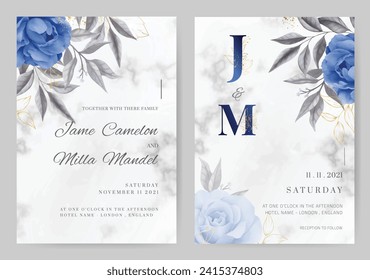Wedding invitation card marble background navy blue rose color. Watercolor painted. Tamplate card set.