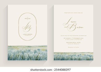 Tarjeta de invitación de la Boda con la acuarela del paisaje del prado