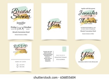 Wedding Invitation Card with Mint, pink,Gold  Color tone. Bridal Shower Invitation Card. rsvp card .Thank you sticker.Vector/Illustration