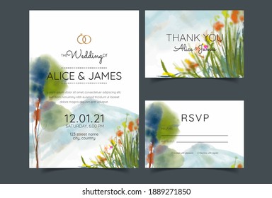 wedding invitation card, mountains and trees, watercolor