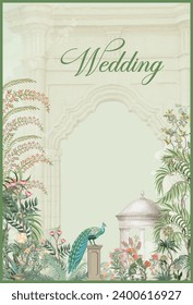 Wedding Invitation card, Mughal wedding card design,watercolor background with mughal tree peacock arch.