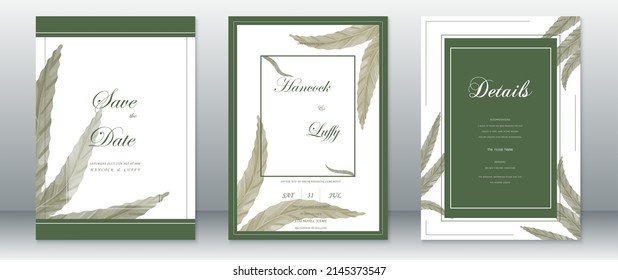 Wedding invitation card natural design template with frame and green leaf