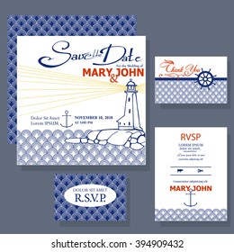 Wedding invitation card, Nautical motive with lighthouse in white and blue colors. RSVP card