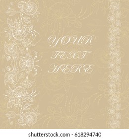 wedding invitation card in old-fashioned style, gold and beige with abstract floral background. Greeting postcard in grunge or retro vector