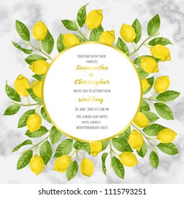 Wedding invitation card on marble background with lemon brunches in watercolor style. Fashion A4 mock up, template for greeting, birthday cards, posters with text place.