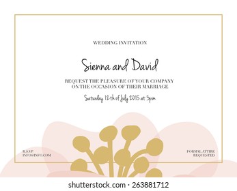 Wedding Invitation Card. One big flower cropped on the bottom of the card and decorated with a golden frame. Vector and illustration design.