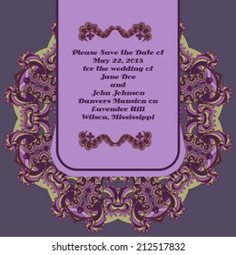 Wedding invitation card with ornament elements. Invitation, anniversary card with label for your personalized text.
