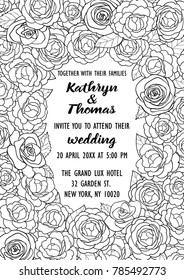 Wedding invitation card with outline flowers. Mock up, template for greeting, birthday, valentines cards, posters with text place.