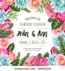 Wedding invitation card with painted flowers and plants. Vector illustration, cute design