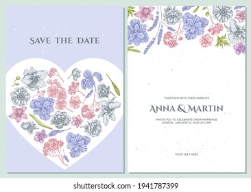 Wedding invitation card with pastel anemone, lavender, rosemary everlasting, phalaenopsis, lily, iris