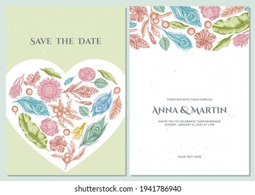 Wedding invitation card with pastel banana palm leaves, hibiscus, solanum, bromeliad, peacock feathers, protea