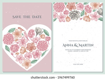 Wedding invitation card with pastel hibiscus, plum flowers, peach flowers, sakura flowers, magnolia flowers, camellia japonica