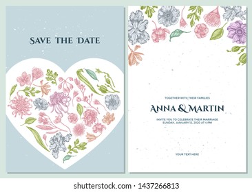 Wedding invitation card with pastel japanese chrysanthemum, blackberry lily, eucalyptus flower, anemone, iris japonica, sakura