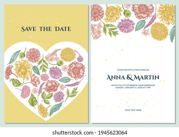 Wedding invitation card with pastel poppy flower, gerbera, sunflower, milkweed, dahlia, veronica