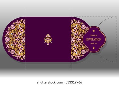 Wedding invitation or card with patterned gold and crystals color.