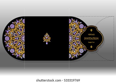 Wedding invitation or card with patterned gold and crystals color.