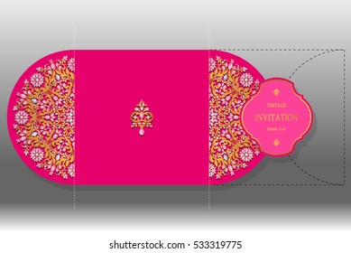 Wedding invitation or card with patterned gold and crystals color.