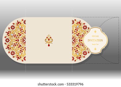 Wedding invitation or card with patterned gold and crystals color.