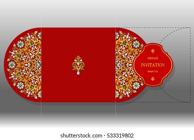 Wedding invitation or card with patterned gold and crystals color.