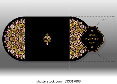 Wedding invitation or card with patterned gold and crystals color.