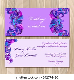 Wedding invitation card with peacock feathers. Printable backgrounds set. Violet horizontal design. Vector illustration. 