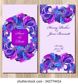 Wedding invitation card with peacock feathers. Printable backgrounds set. Violet vertical design. Vector illustration. 