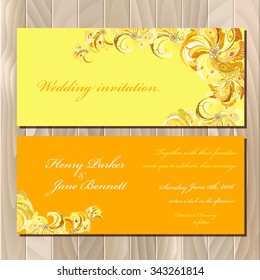 Wedding invitation card with peacock feathers. Printable backgrounds set. Orange yellow horizontal design. Vector illustration. 