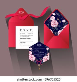 Wedding invitation card with peonies. Wedding set. RSVP card. Wedding invitation template.