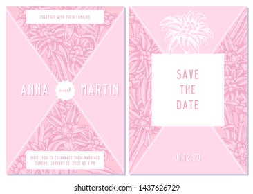 Wedding invitation card with pink edelweiss