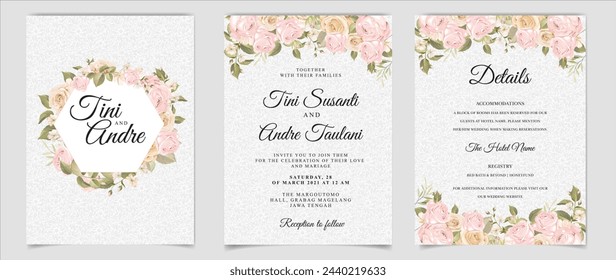 Wedding Invitation Card With Pink Floral Template Set. Illustrator and designer. Wedding Invites, save the date, Birthday Invites, Video Invites, E-Cards.