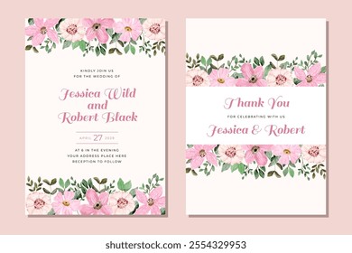 wedding invitation card pink floral watercolor frame