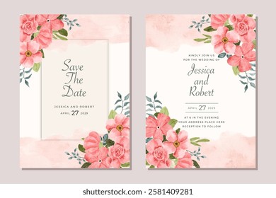 wedding invitation card pink floral watercolor border