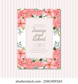 wedding invitation card pink floral watercolor painting frame