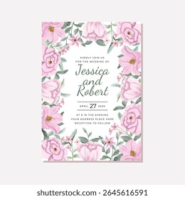 wedding invitation card with pink floral watercolor