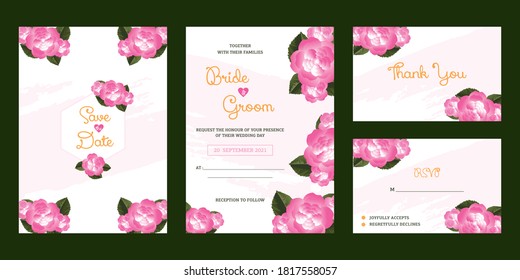 Wedding Invitation Card, Wedding Card with Pink Flowers, Green Leafs & Modern Texture Background Effect 