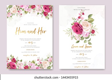 Wedding Invitation Card With Pink And Maroon Roses Template