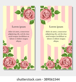 Wedding invitation card with pink realistic roses can be used as invitation card for wedding, birthday and other holiday and summer or spring background. Vector illustration.