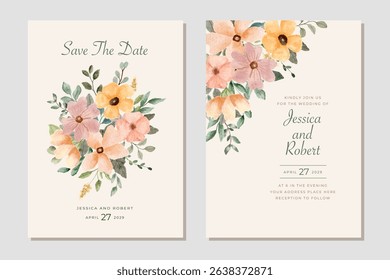 wedding invitation card pink yellow floral watercolor