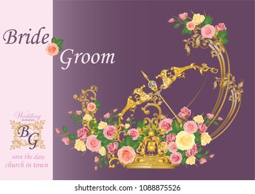 Wedding invitation card with pinkish roses and golden arrow vintage Victorian metal elements 