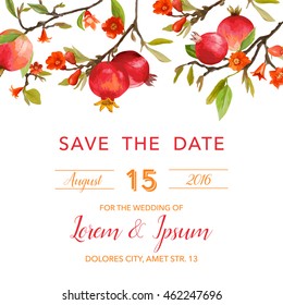 Wedding Invitation Card - with Pomegranates and Flowers Background - Save the Date - in vector