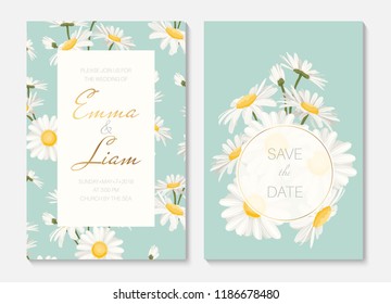 Wedding invitation card portrait template set. Round and rectangular border frame decorated with yellow white daisy chamomile flowers bouquet. Sky blue background. Vector design illustration.