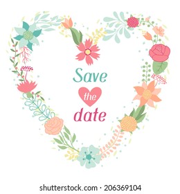 Wedding invitation card with pretty stylized flowers.