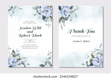 wedding invitation card purple blue green floral watercolor frame