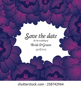 Wedding invitation card with purple flowers Vector illustration