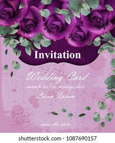 Wedding invitation card with purple violet roses decor designs