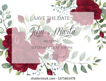 Wedding invitation card with red flowers rose, eucalyptus leaves. Floral Trendy templates for banner, flyer, poster, greeting. Vector illustration. eps 10