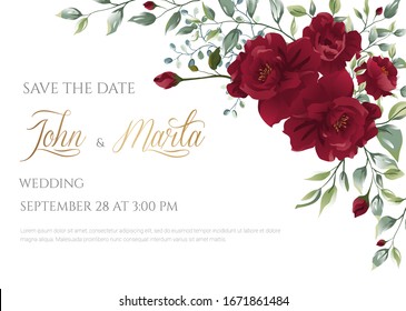 Wedding invitation card with red flowers rose, eucalyptus leaves. Floral Trendy templates for banner, flyer, poster, greeting. Vector illustration. eps 8